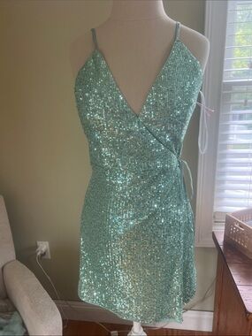 Lulu's Aqua Sequin Wrap Mini Dress medium sea foam green blue sexy lowcut